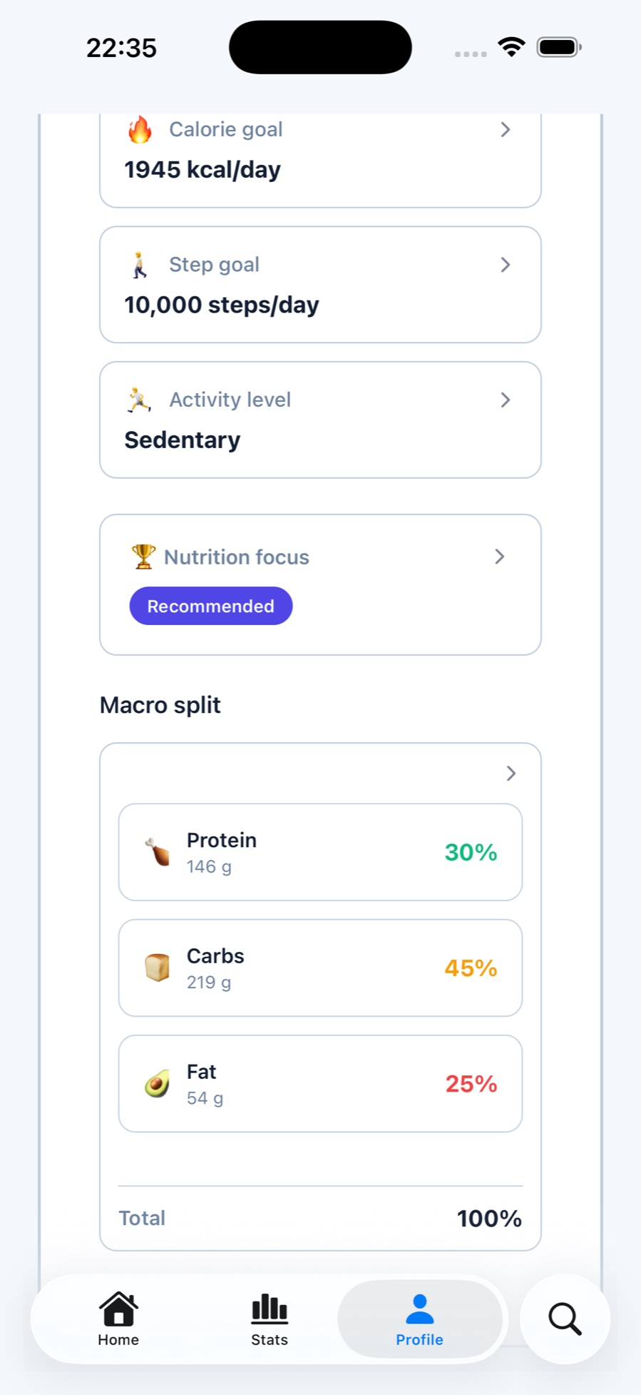 Personal calorie and macro goals